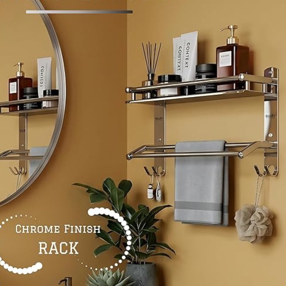 SS 2 Layer Shelf with Towel Rod & Hooks - Image 2