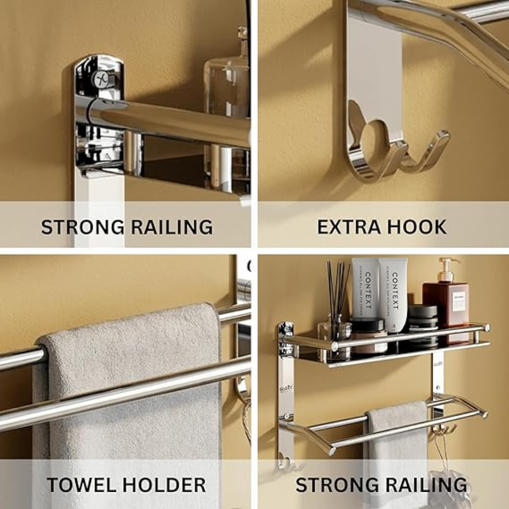 SS 2 Layer Shelf with Towel Rod & Hooks - Image 3