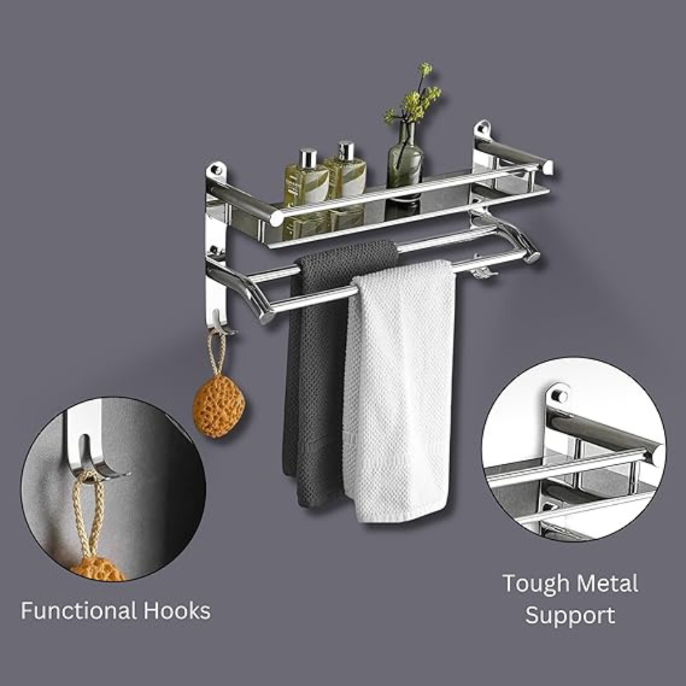 SS 2 Layer Shelf with Towel Rod & Hooks - Image 4
