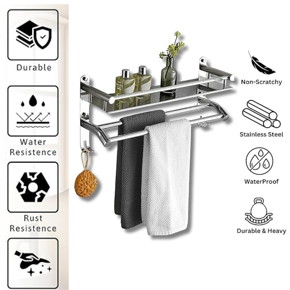 SS 2 Layer Shelf with Towel Rod & Hooks - Image 5